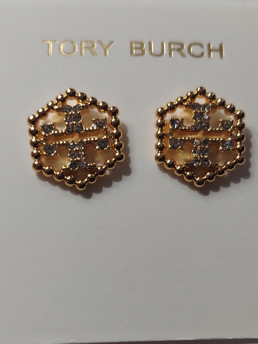 Tory Burch Gold Logo Crystal-Accented Stud Earrings